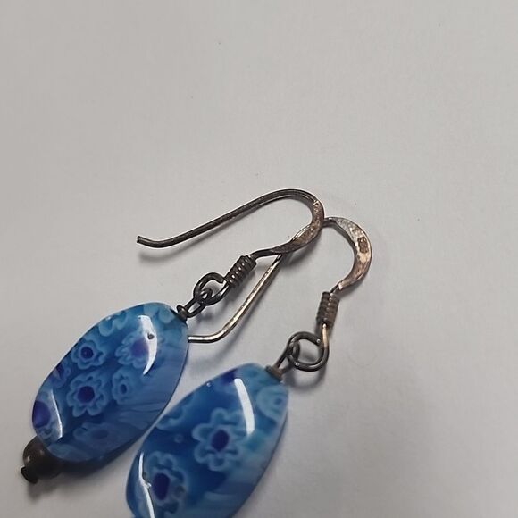 Millefiori Glass Bead Aqua Royal Blue Dangle Drop Earrings Sterling Silver Hooks - Picture 5 of 5